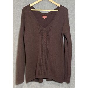 Tesori 100% Cashmere V-Neck Cable Knit Sweater Brown Sz Large